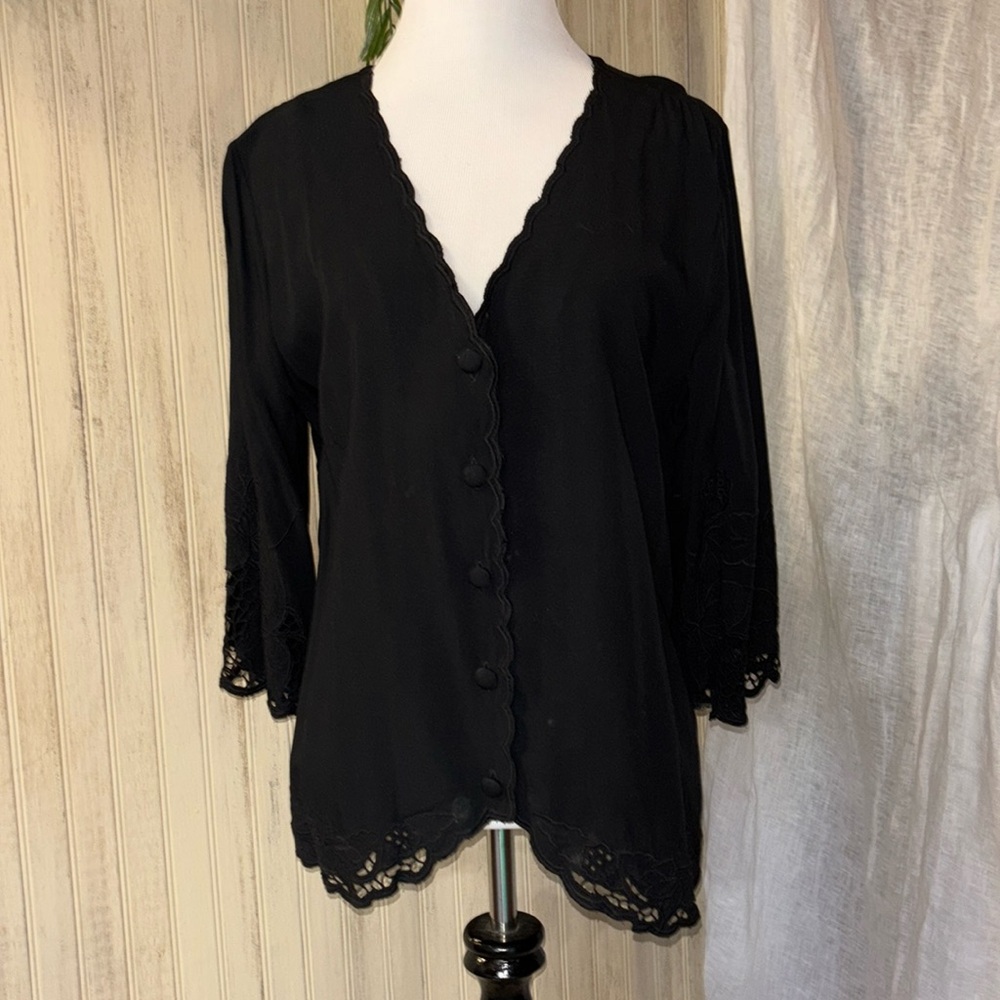 Soft Surroundings Cut Lace Button Down Shirt Top, size Small, EUC, Black